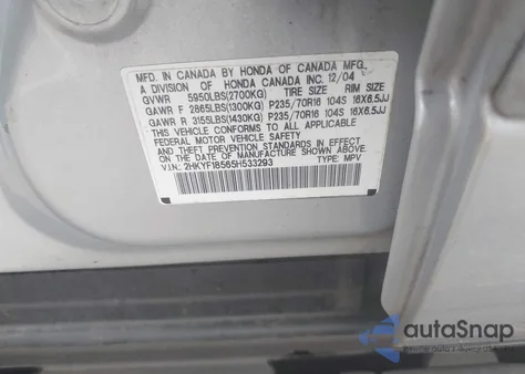 2005 Honda Pilot Ex-L z USA, uszkodzony, nr VIN 2HKYF18565H533293
